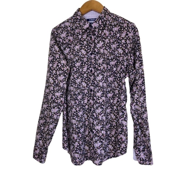 Chaps No Iron Button Down Shirt Black/Pink Ditsy Floral Contrasting Cuffs M - Picture 5 of 15